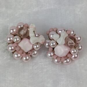 Vintage Japan Pink Cluster Clip On Earrings Faux Pearl Bead Floral 1950s Kitsch